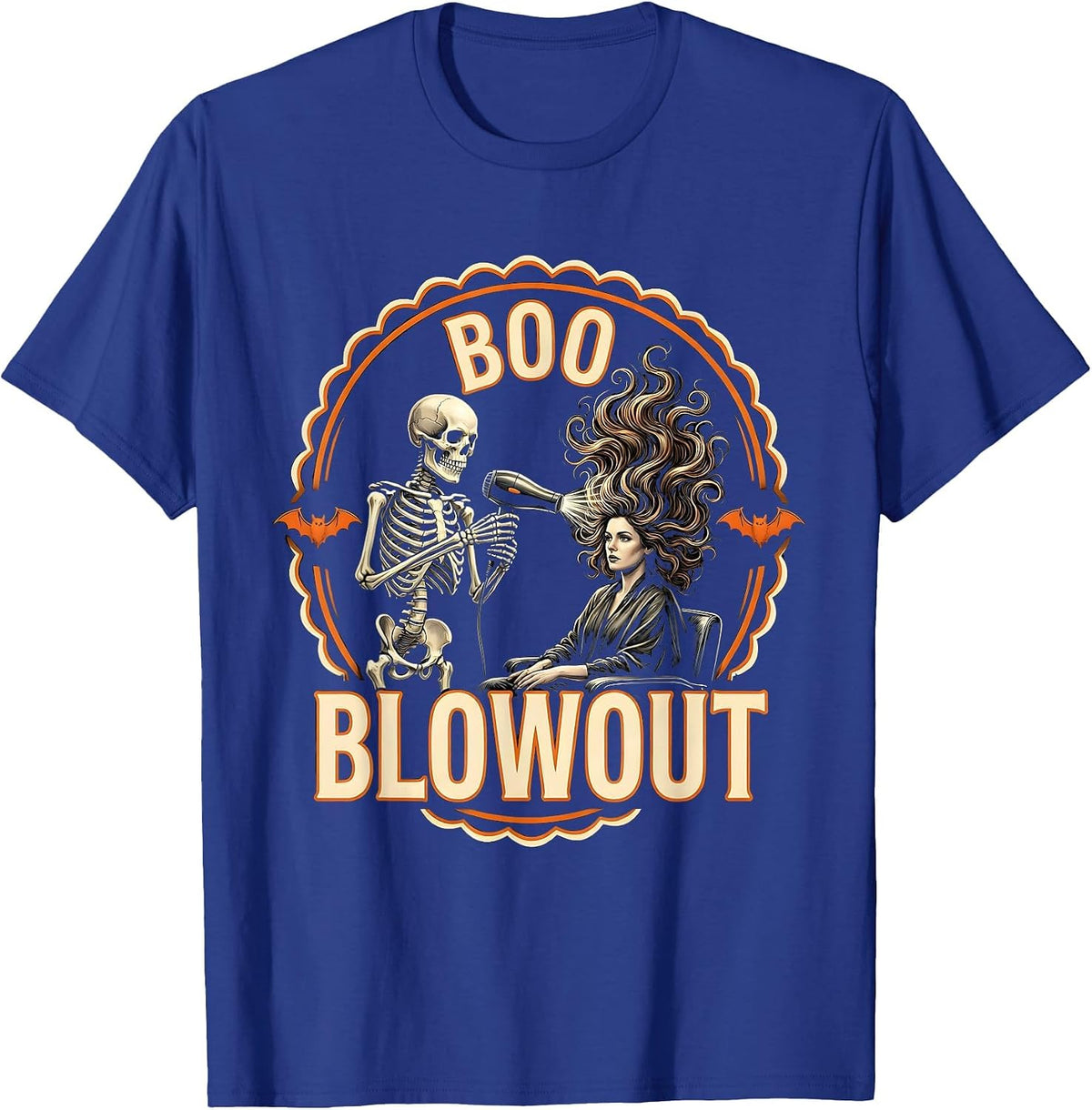Men's Boo Blowout Skeleton Hairstylist Halloween Barber Humor T-Shirt - Royal Blue