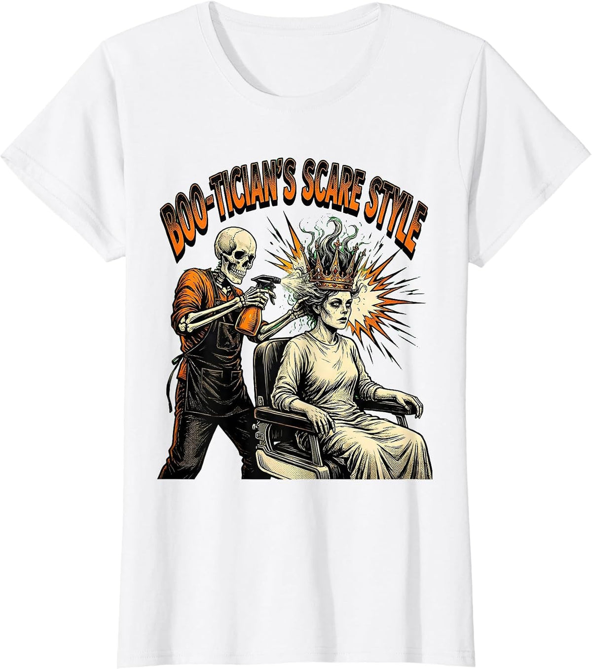 Boo-tician's Scare Style Comic Book Skeleton Hairdresser T-Shirt - White