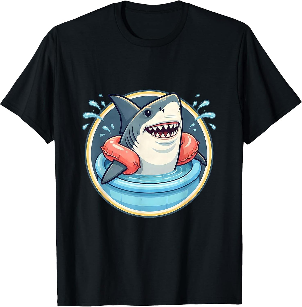 Men's Shark In Floaties Kiddie Pool Funny Illustration T-Shirt - Black