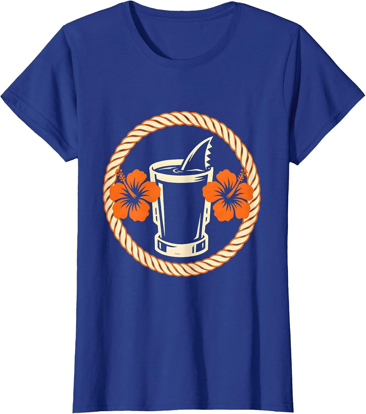 Women's Tropical Cocktail Shark Fin Hawaiian Design T-Shirt - Royal Blue