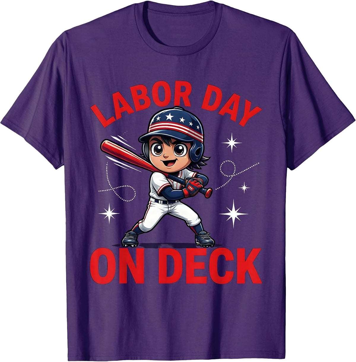 LABOR DAY ON DECK Funny Baseball Player Holiday T-Shirt - Purple
