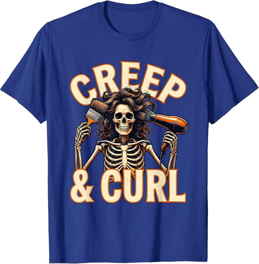 Creep & Curl Skeleton Hairstylist Halloween Barber Humor T-Shirt - Royal Blue