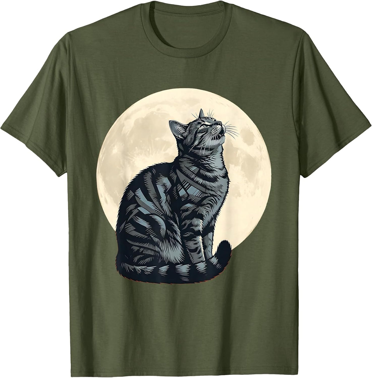 Gray Tabby Howling at Moon 90s Retro Novelty T-Shirt - Olive Green