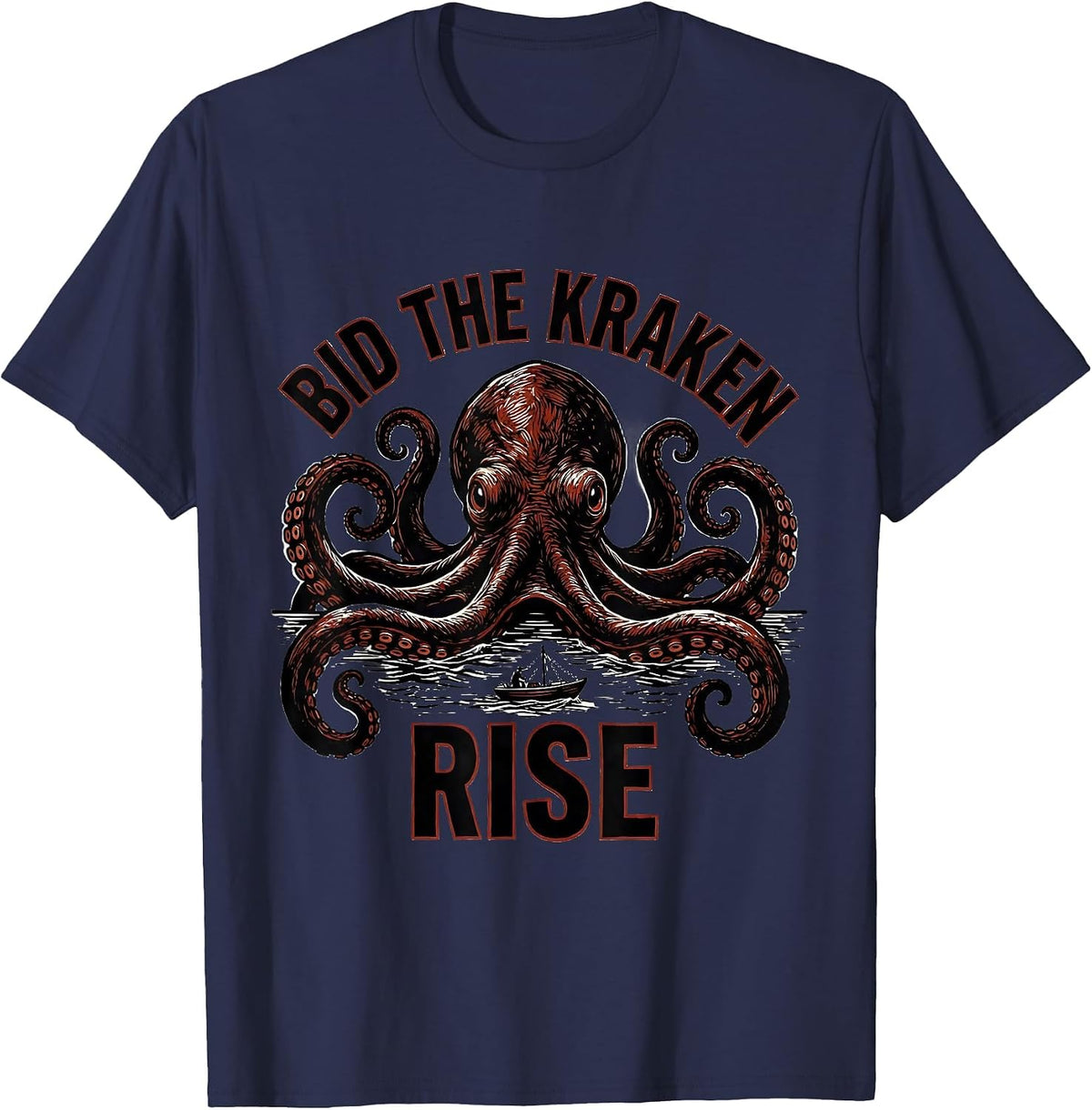 Bid The Kraken Rise Linocut Vintage Sea Monster Octopus T-Shirt - Navy Blue