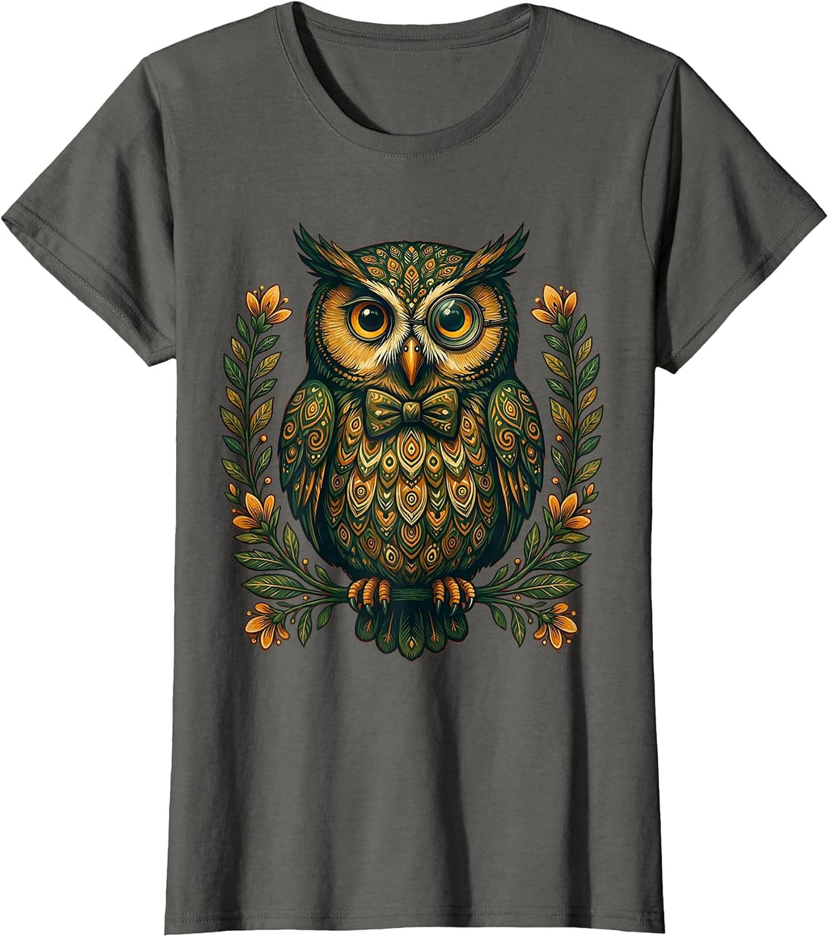 Women's Distinguished Owl in Bow Tie and Monocle T-Shirt - Asphalt Grey
