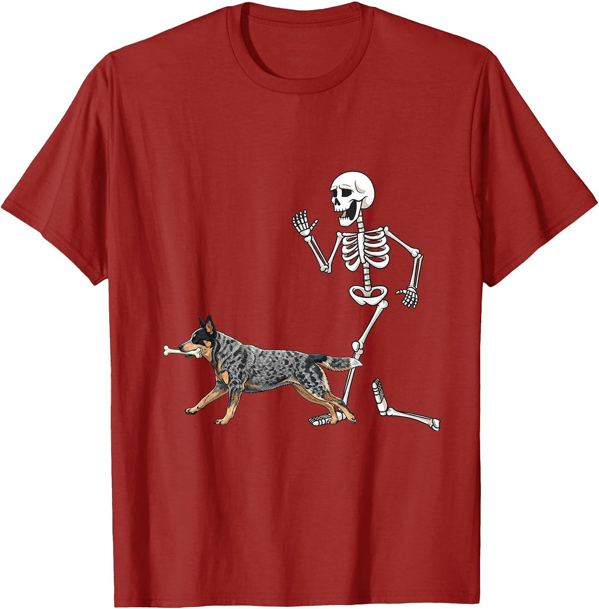 Funny Halloween Australian Cattle Dog and Skeleton T-Shirt - Cranberry Red
