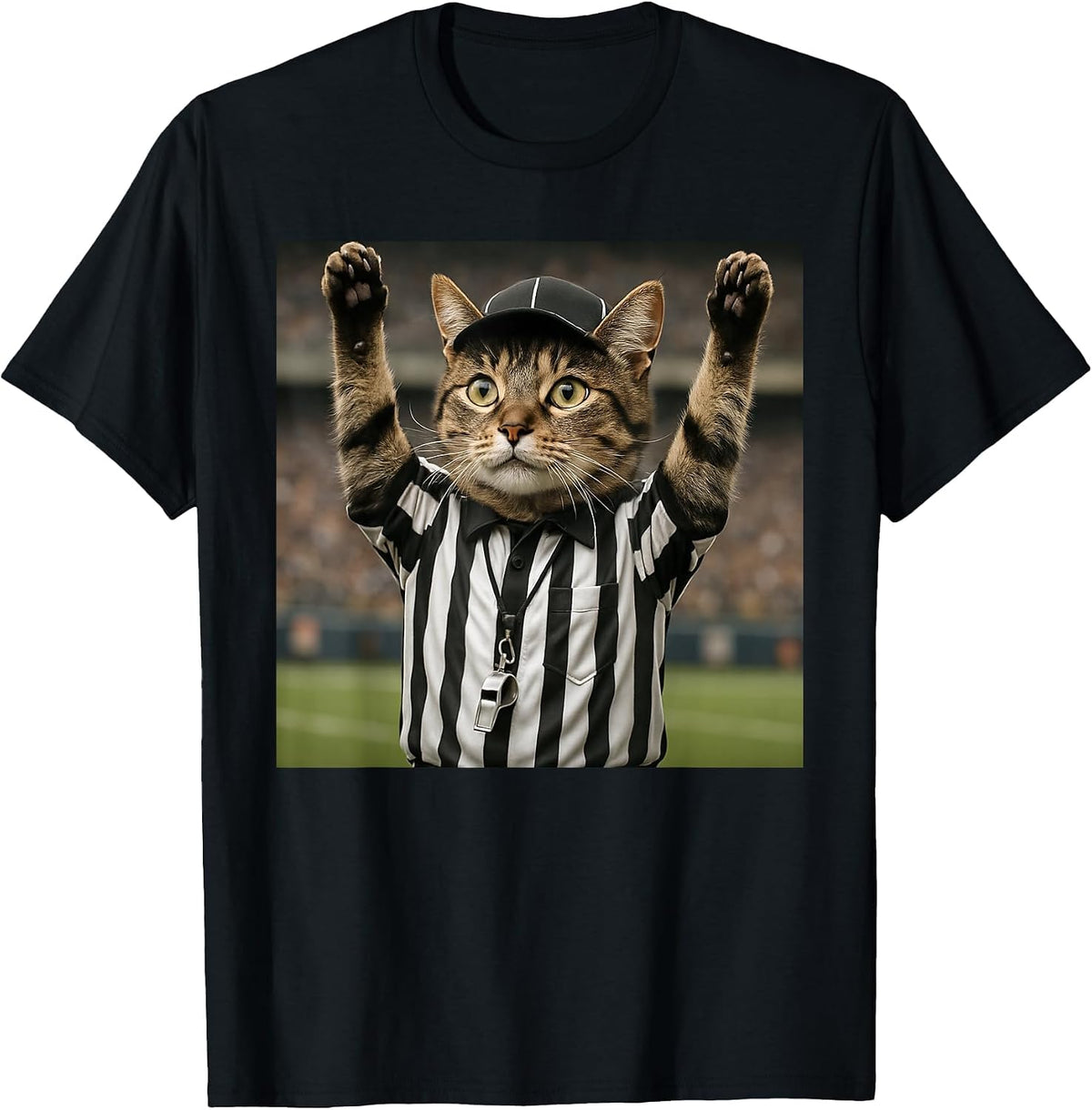 Funny Cat Referee Football Sports Meme T-Shirt - Black