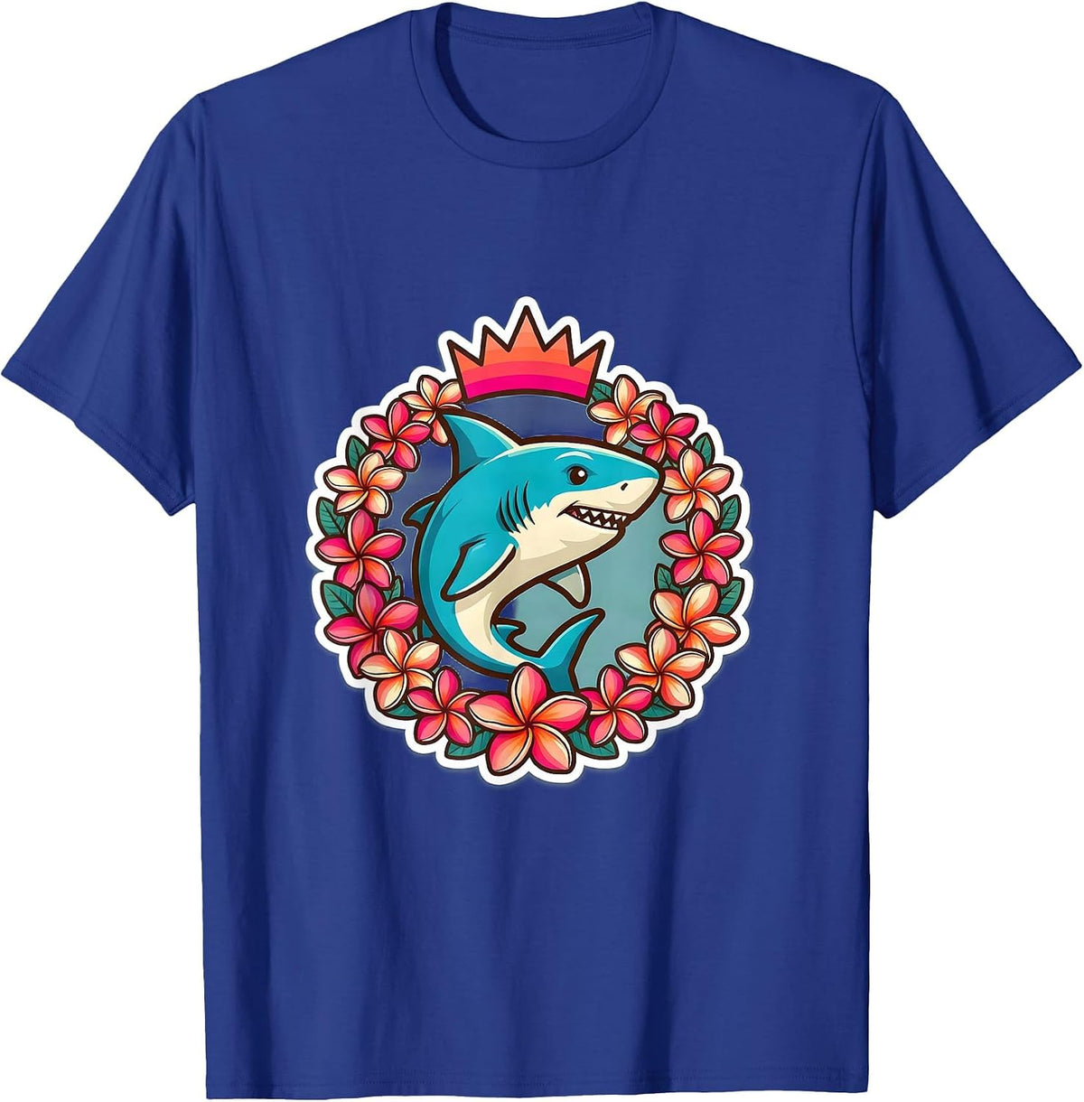 Men's Maui Plumeria Wreath Shark Tropical Illustration T-Shirt - Royal Blue