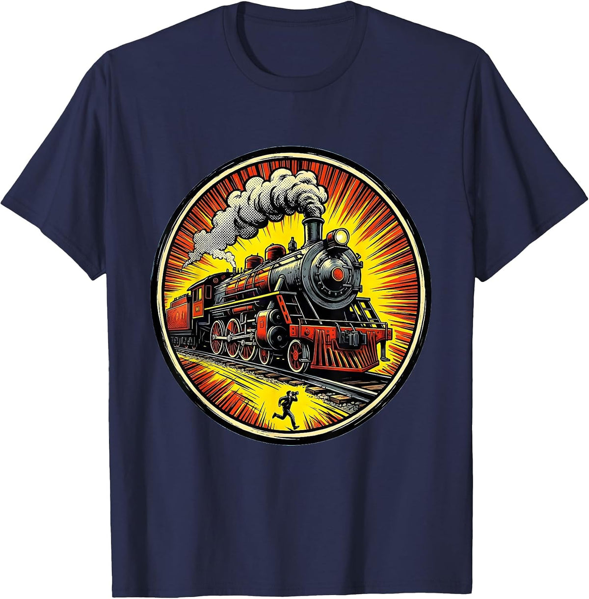 Steam Locomotive Comic Book Train Enthusiast Retro T-Shirt - Navy Blue