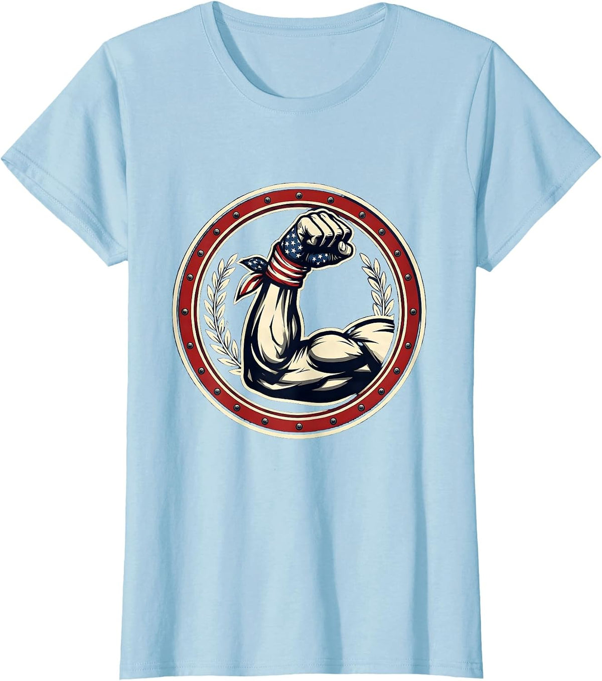 Rosie the Riveter American Flag Bandana Bicep T-Shirt - Baby Blue
