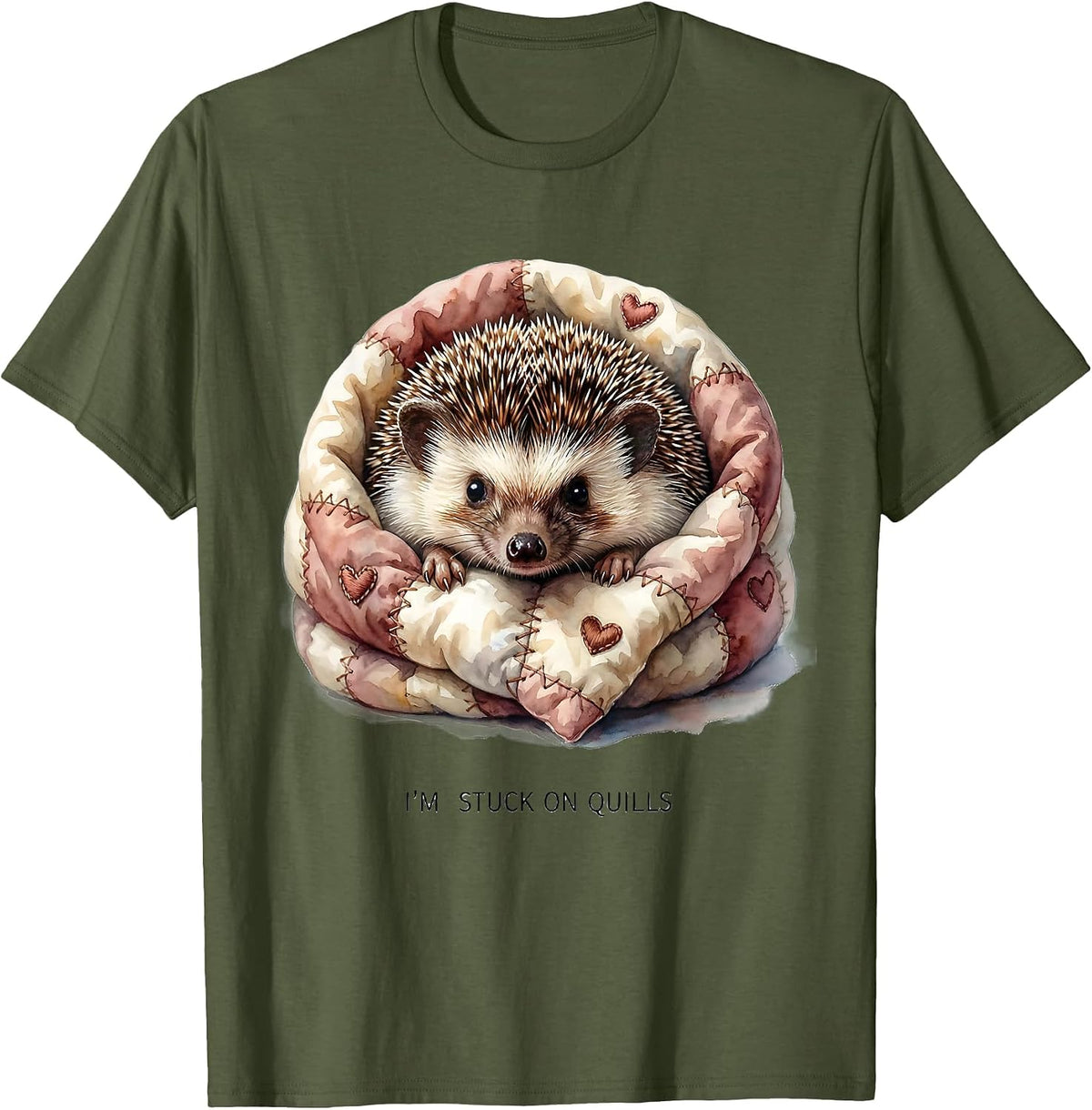 Men's I'm Stuck On Quills Cute Hedgehog Lover Cartoon Humor T-Shirt - Olive Green