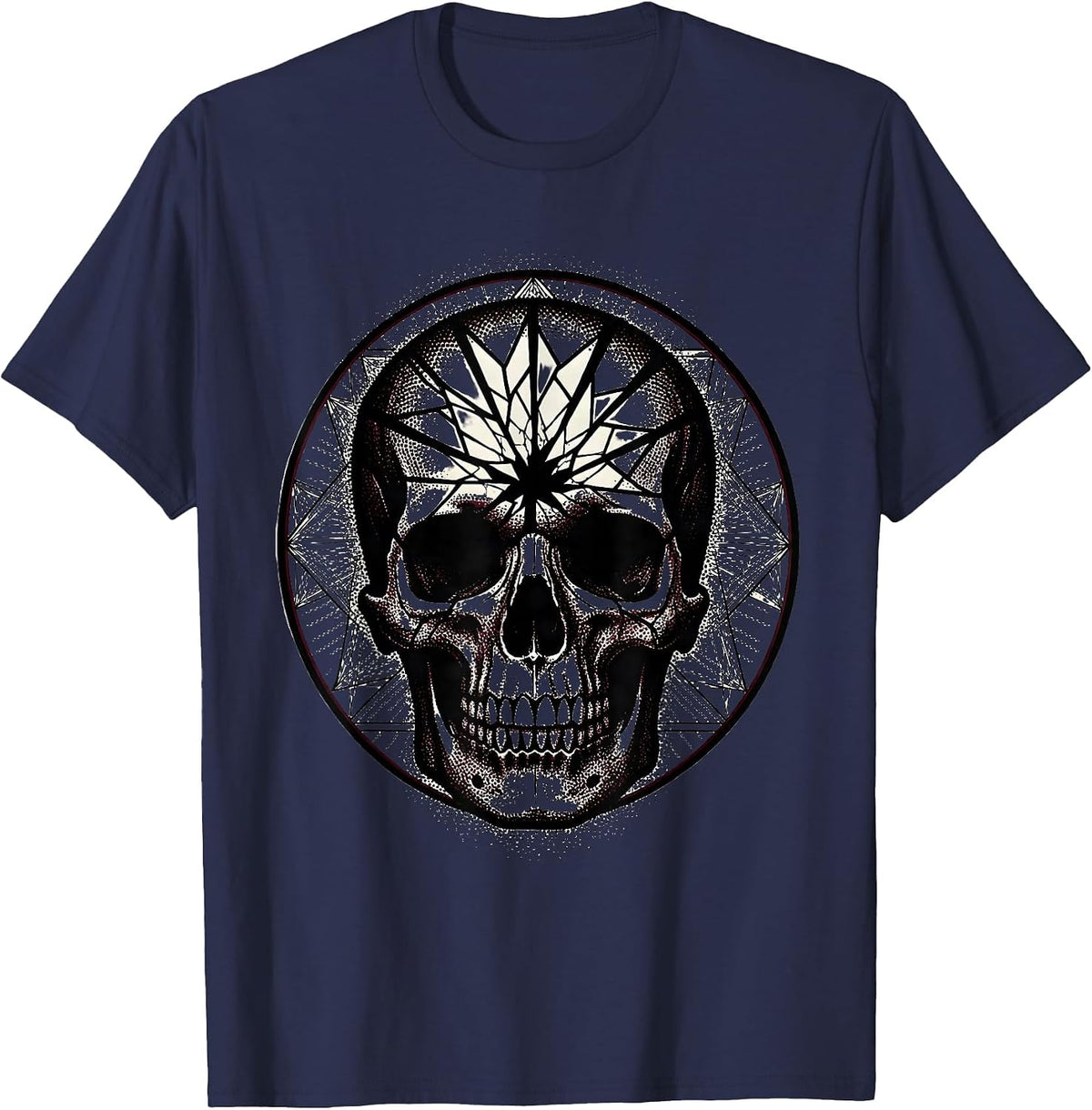 Skull Cracked Stained Glass Goth Art Design T-Shirt - Navy Blue