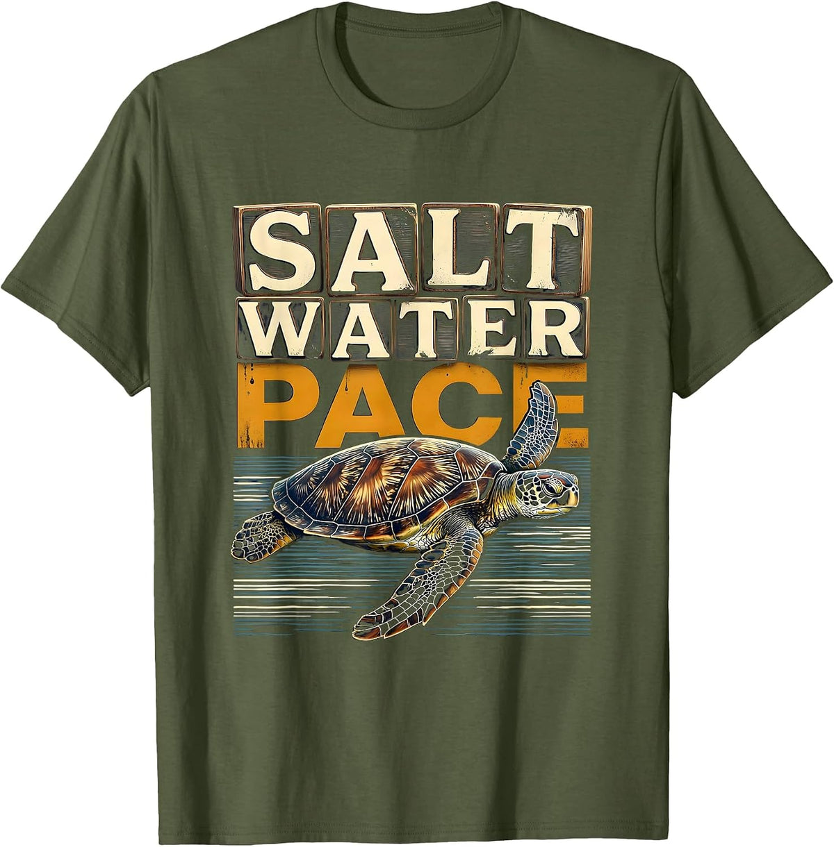 Men's Salt Water Pace Wood Type Letterpress Sea Turtle Souvenir T-Shirt - Olive Green