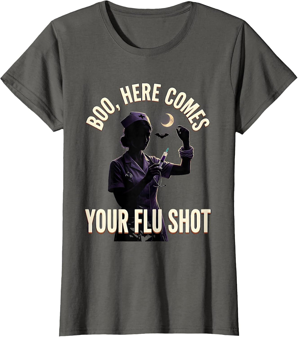 Women's Boo Here Comes Your Flu Shot Funny Nurse Ghost Halloween T-Shirt - Asphalt Grey