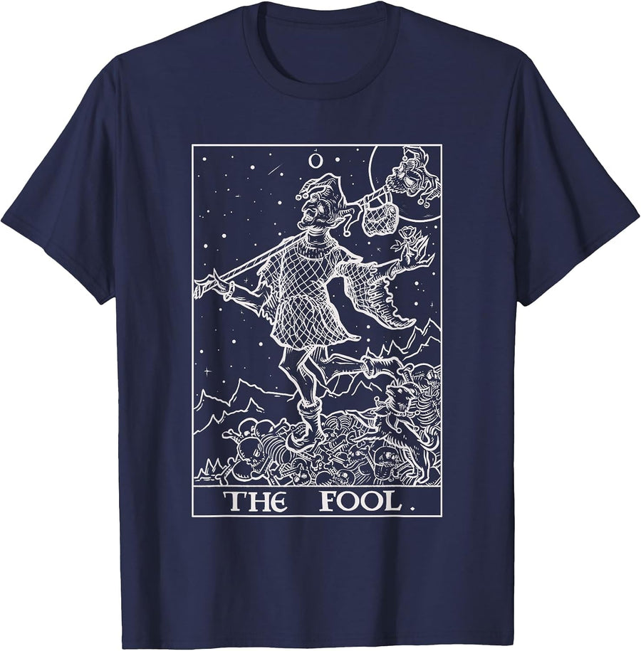 The Fool Tarot Card Court Jester Halloween Gothic Horror T-Shirt - Navy Blue