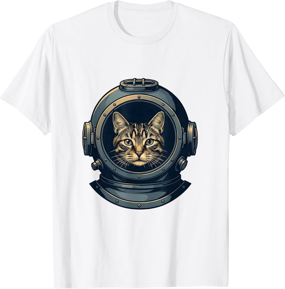 Men's Tabby Cat Deep Sea Diver Illustration T-Shirt - White