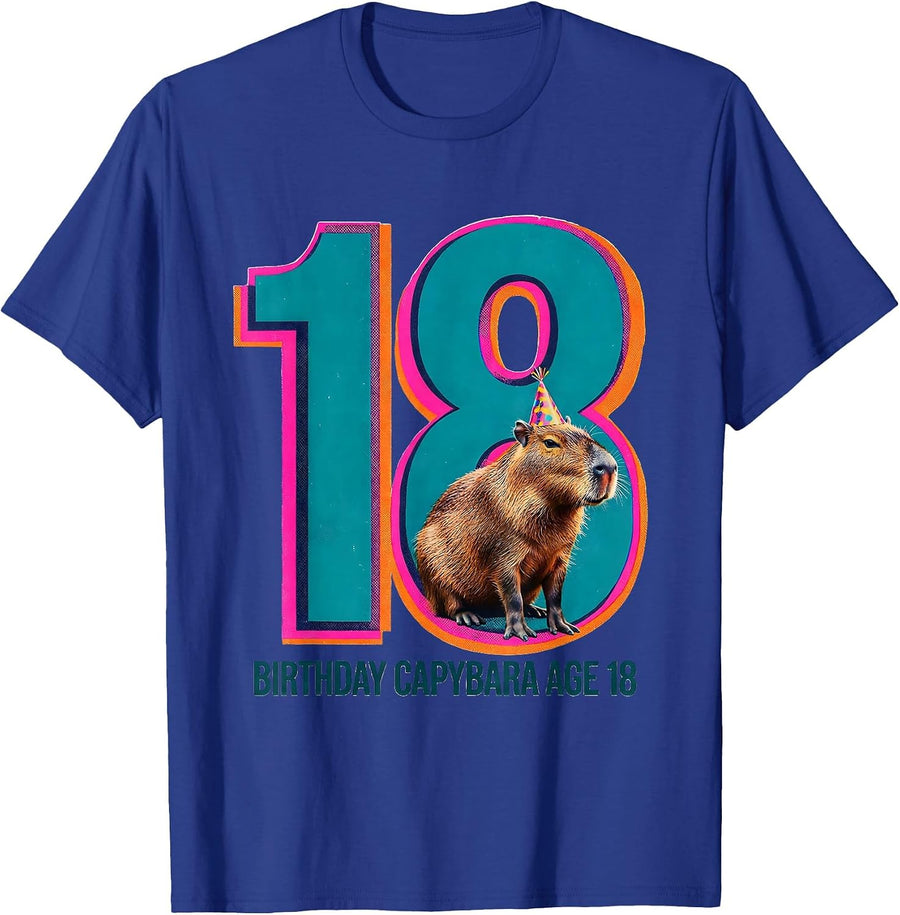 Birthday Capybara Age 18 Funny Animal Meme Party Wear T-Shirt - Royal Blue