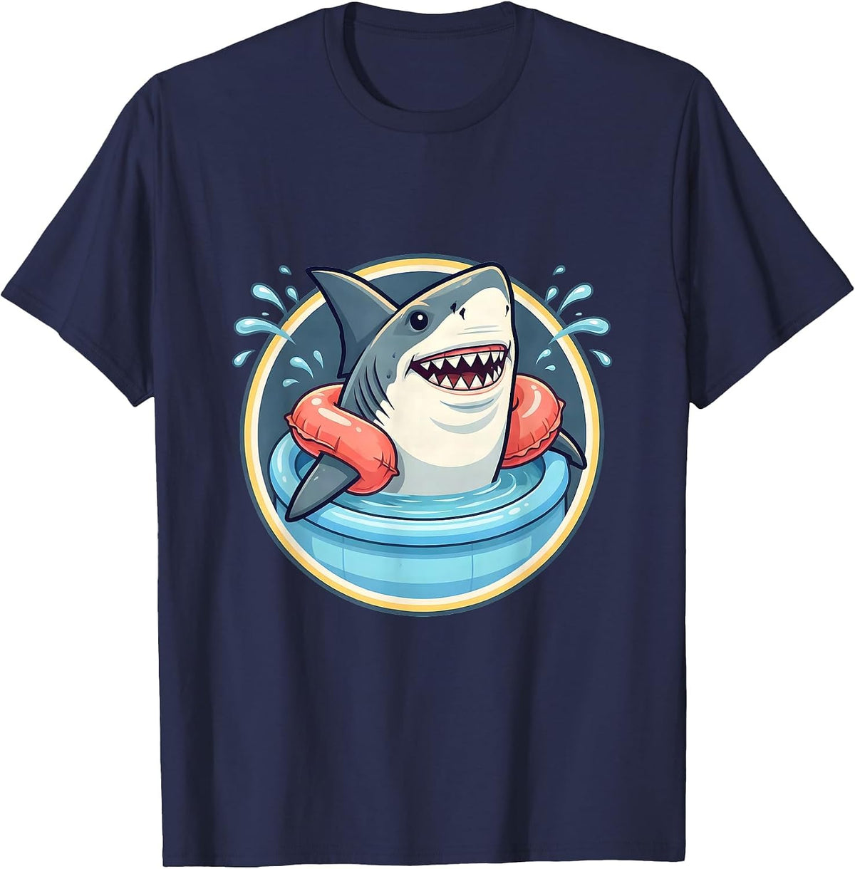 Men's Shark In Floaties Kiddie Pool Funny Illustration T-Shirt - Navy Blue