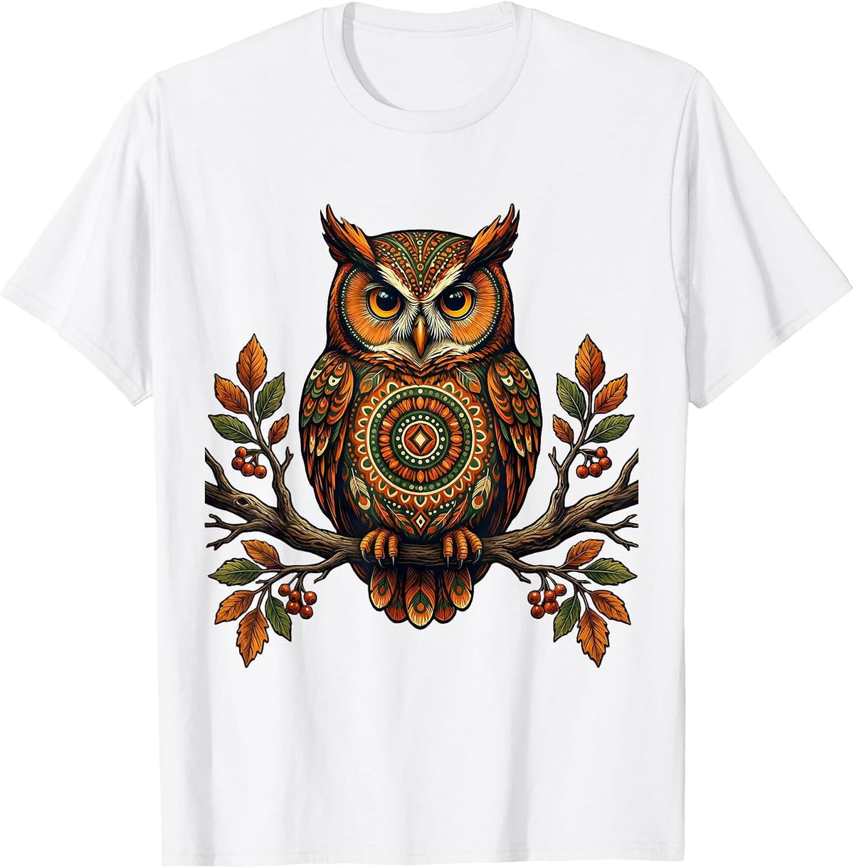 Men's Autumn Owl Perched on Bare Branch Fall Design T-Shirt - White