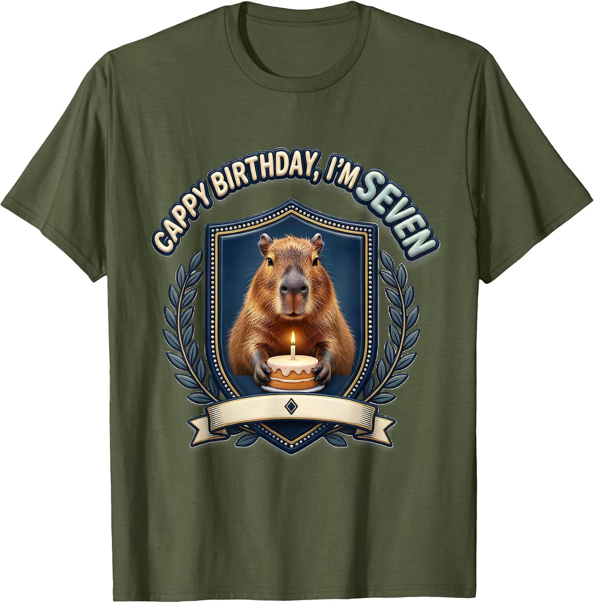Men's Cappy Birthday I'm Seven Kawaii Capybara Kids Party T-Shirt - Olive Green