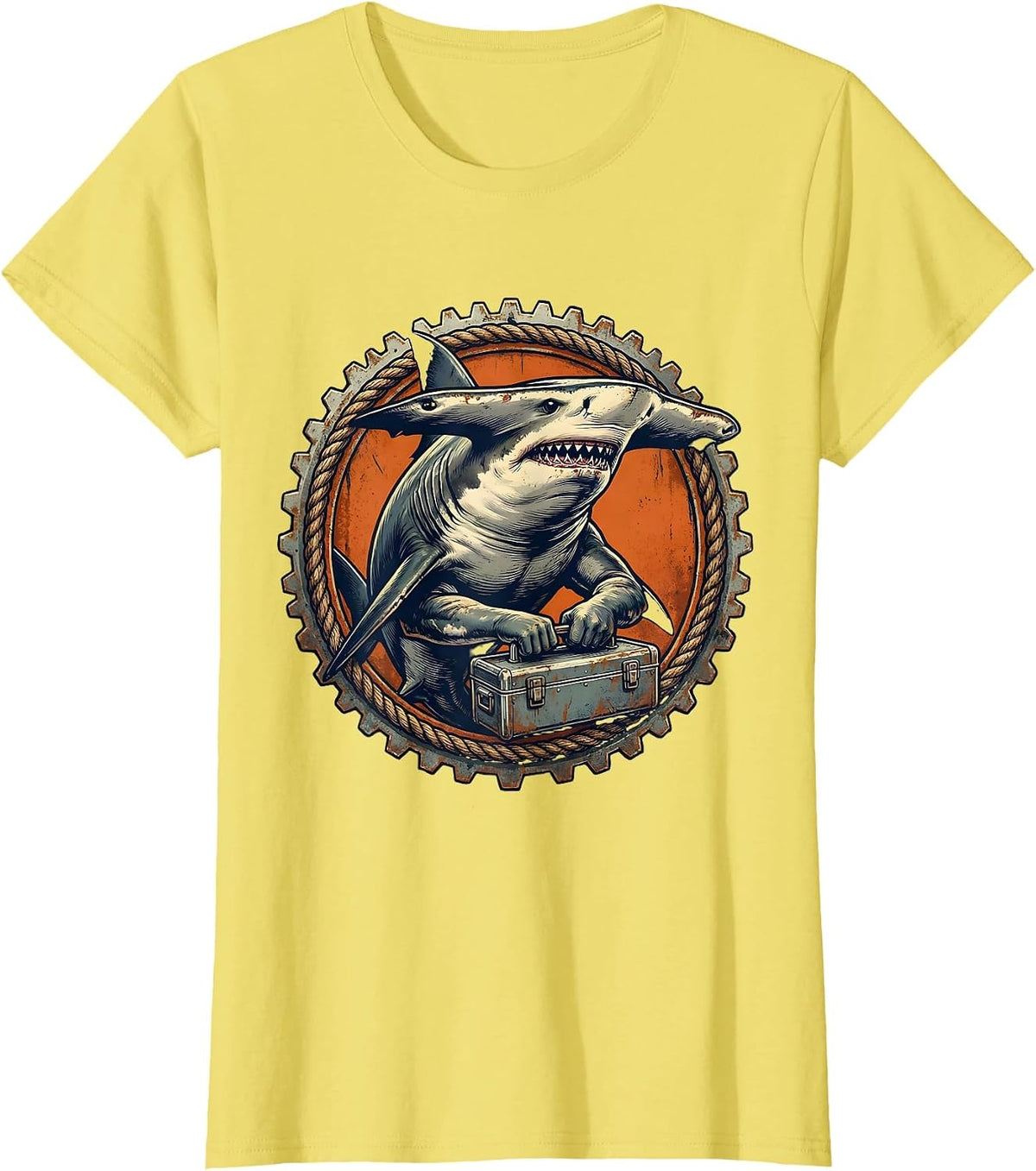 Women's Hammerhead Shark With Toolbox Novelty Graphic T-Shirt - Lemon Yellow