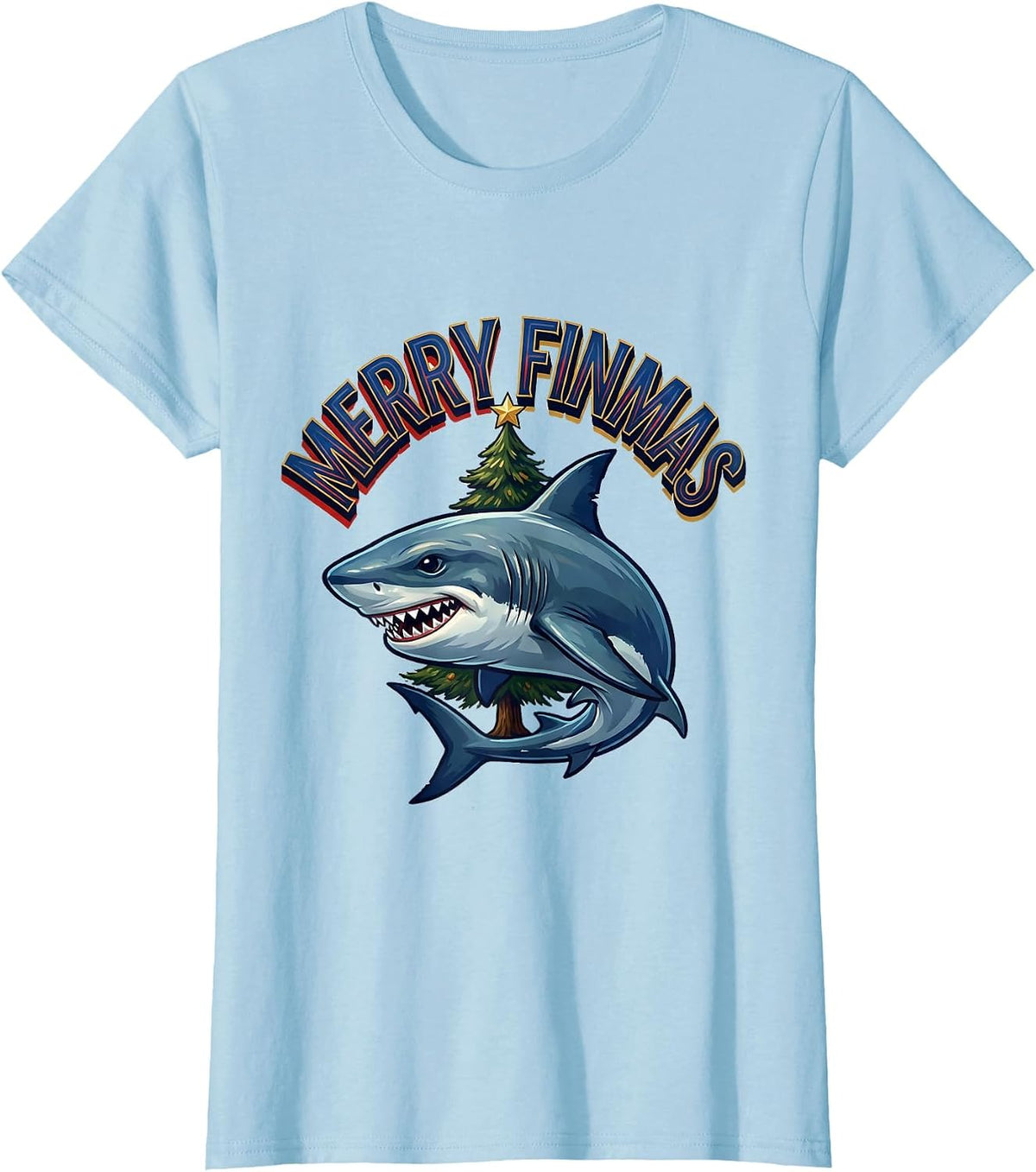 Merry Finmas Funny Shark Christmas Pun Novelty T-Shirt - Baby Blue