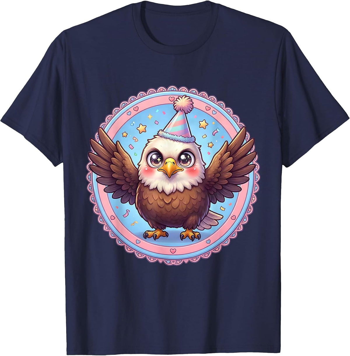 Birthday Eagle Party Hat Mid-Flight Illustration T-Shirt - Navy Blue