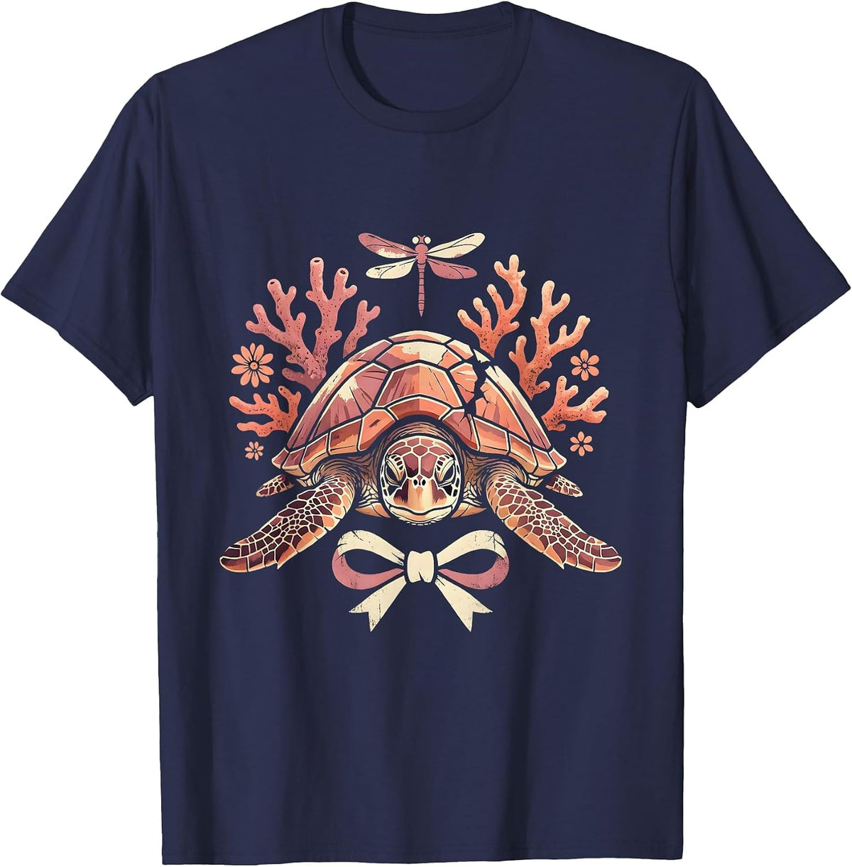 Sea Turtle Pink Coral Breast Cancer Awareness T-Shirt - Navy Blue