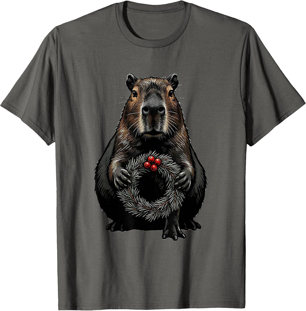 Men's Capybara Christmas Wreath Animal Lover Humor T-Shirt - Asphalt Grey