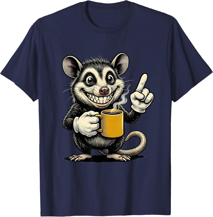 Original Opossum Retro Cartoon Christian Coffee Humor T-Shirt - Navy Blue