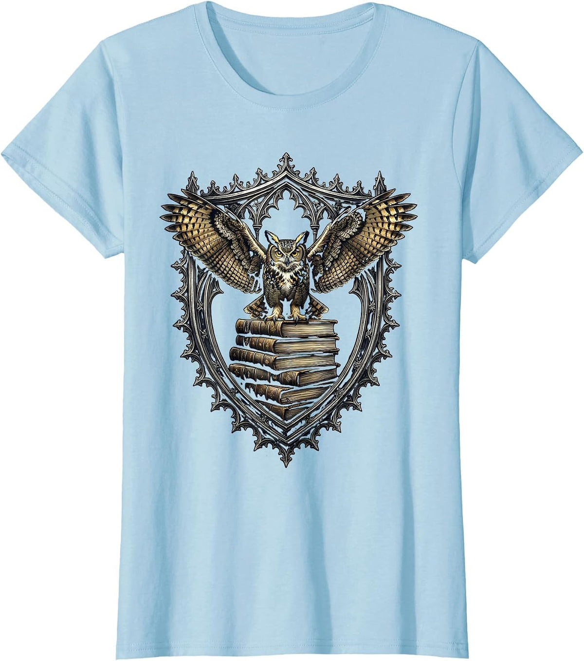 Owl on Ancient Books Renaissance Scholar Design T-Shirt - Baby Blue