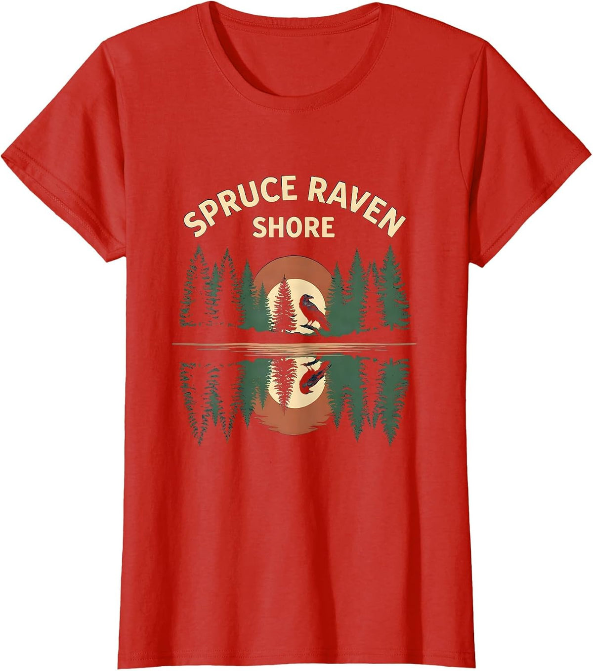 Women's Spruce Raven Shore Vintage Forest Wildlife Retro Nature T-Shirt - Red