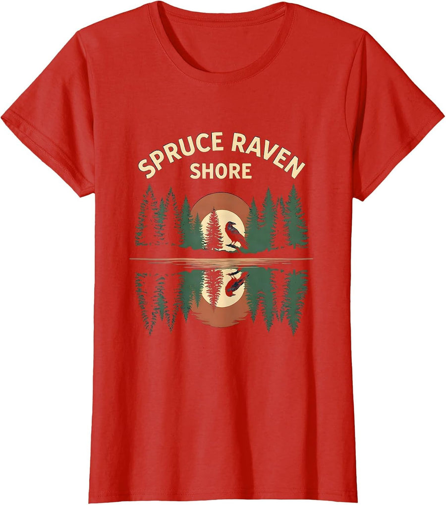 Women's Spruce Raven Shore Vintage Forest Wildlife Retro Nature T-Shirt - Red