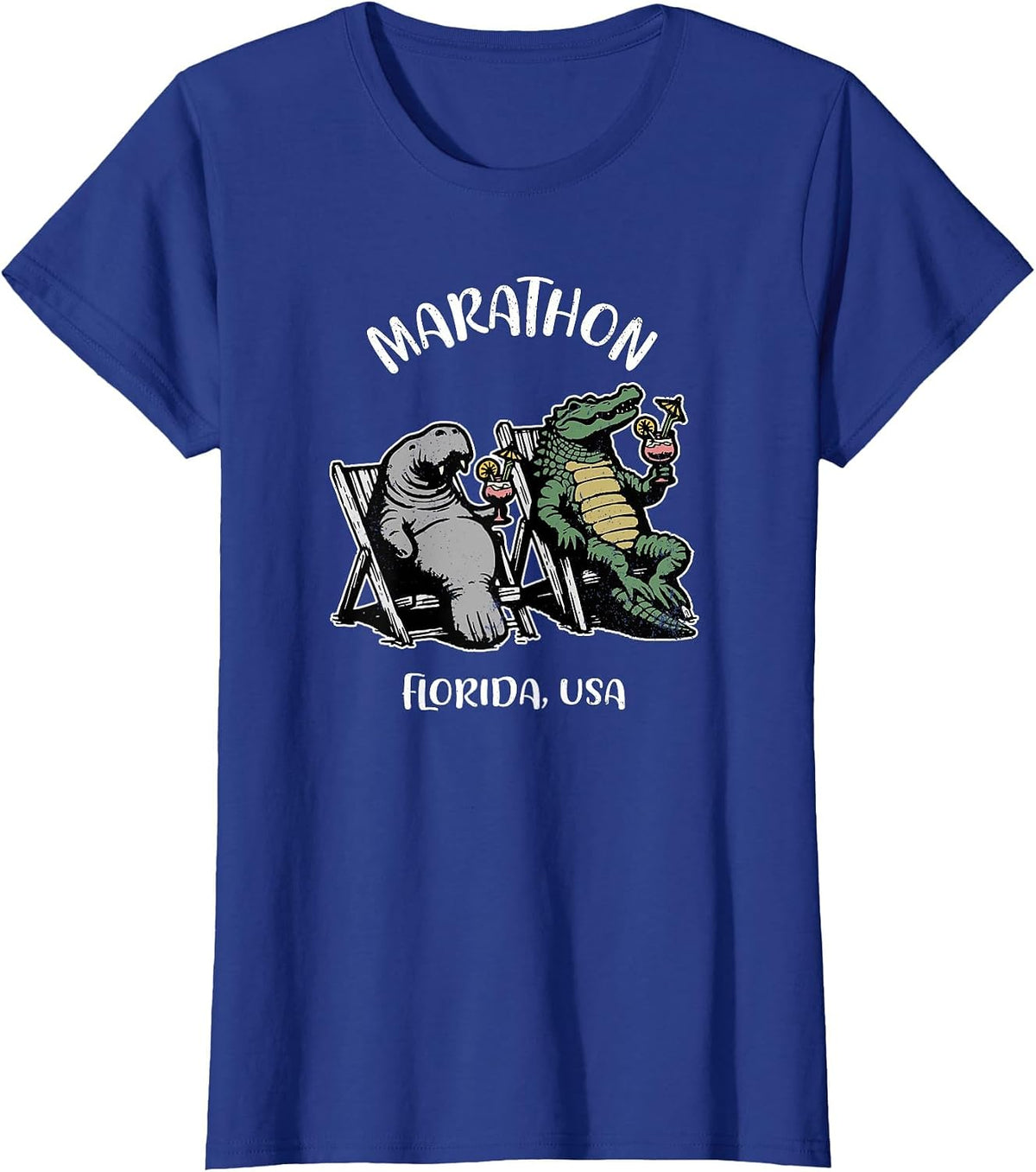 Marathon Florida USA Funny Manatee and Alligator Design T-Shirt - Royal Blue