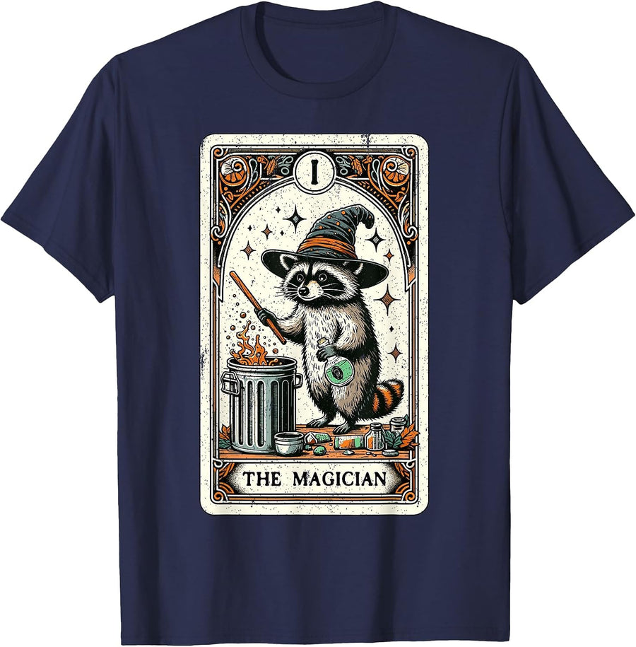Raccoon Tarot Card The Magician Witchcraft Occult Raccoon T-Shirt - Navy Blue