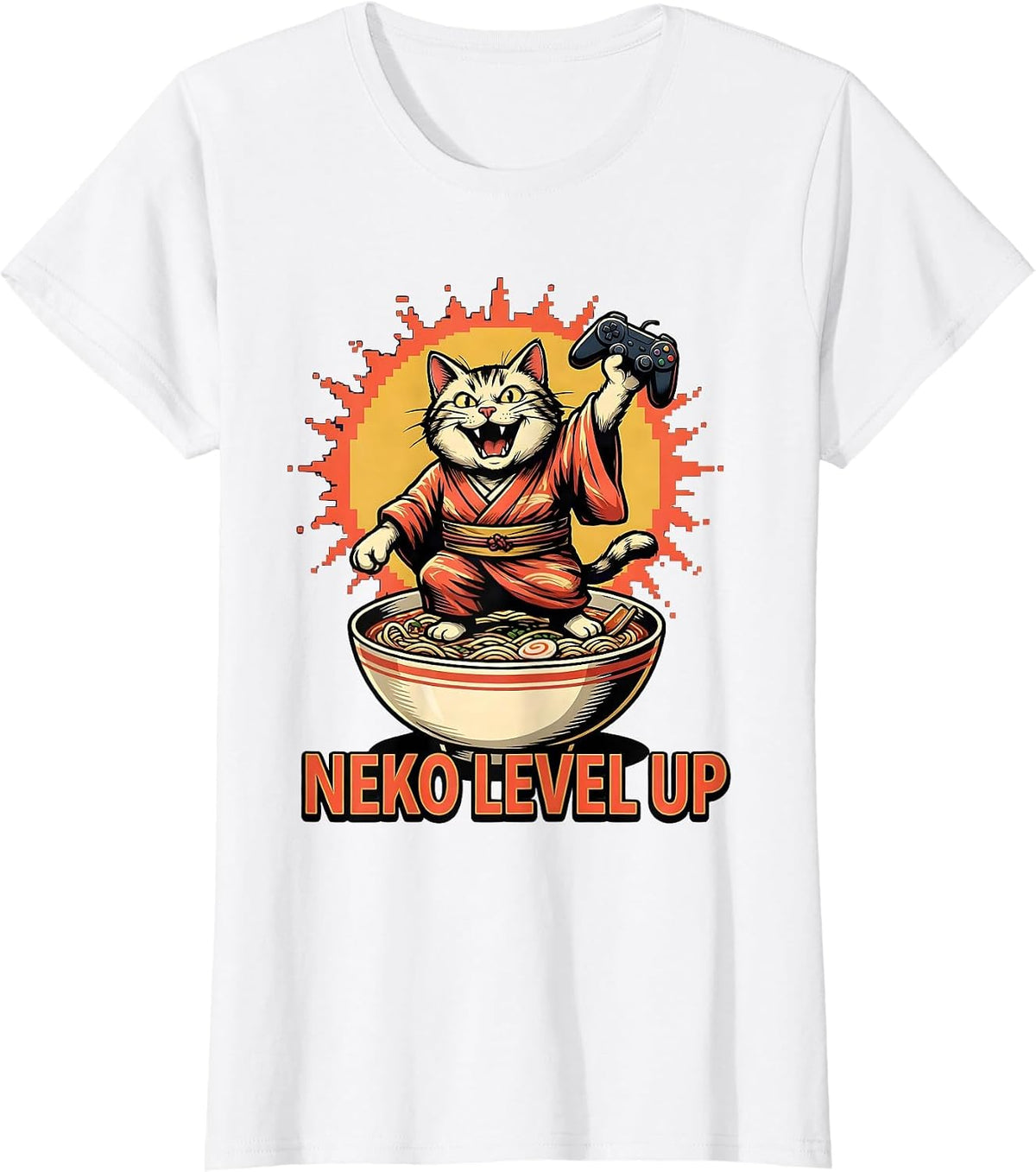 Women's Neko Level Up Cartoon Anime Cat Gaming Ramen Humor T-Shirt - White