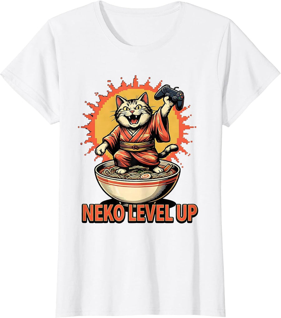 Women's Neko Level Up Cartoon Anime Cat Gaming Ramen Humor T-Shirt - White