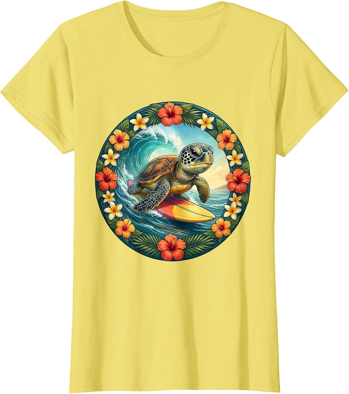 Women's Baby Sea Turtle Surfing Kids Hawaiian Design T-Shirt - Lemon Yellow