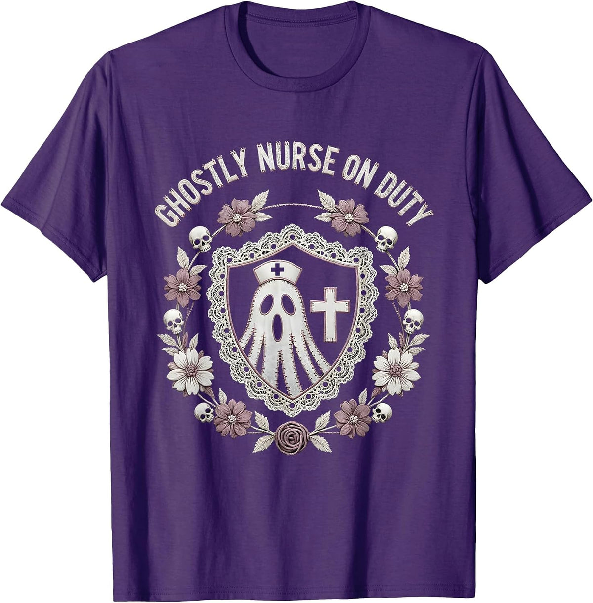 Ghostly Nurse On Duty Halloween LPN Design T-Shirt - Purple