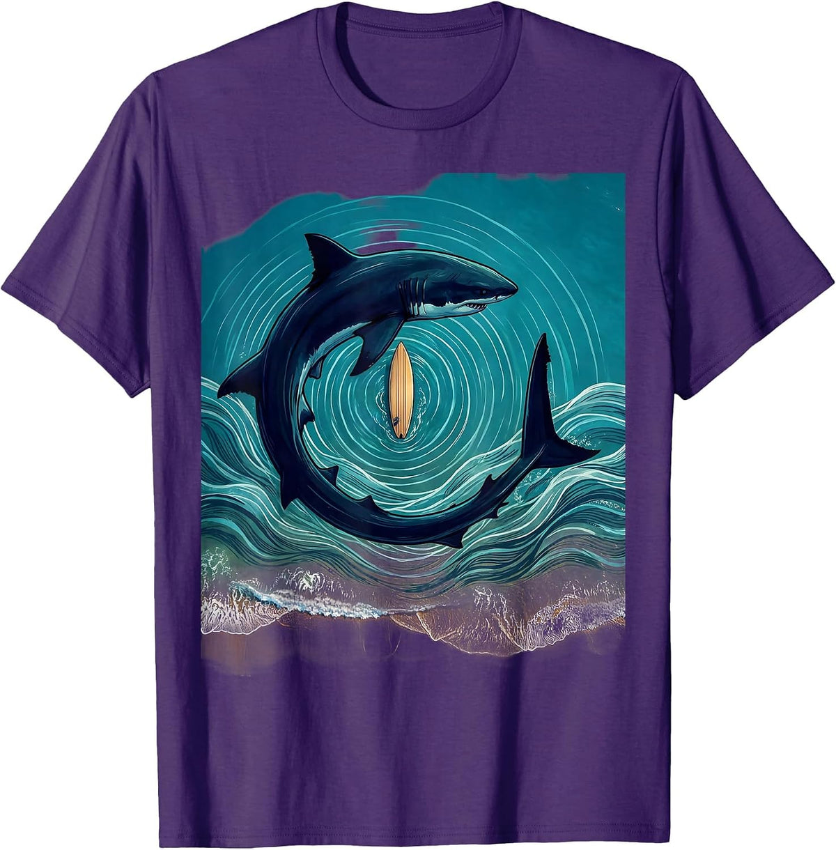Men's Hawaiian Shark Circling Surfboard Graphic Tee T-Shirt - Purple