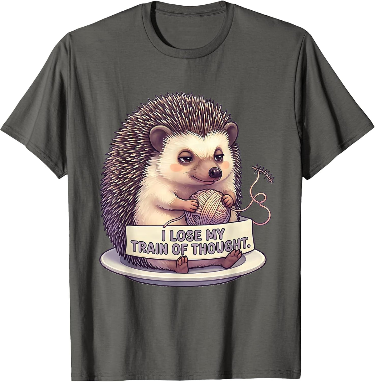 Men's I Lose My Train Of Thought Cute Kawaii Hedgehog T-Shirt - Asphalt Grey