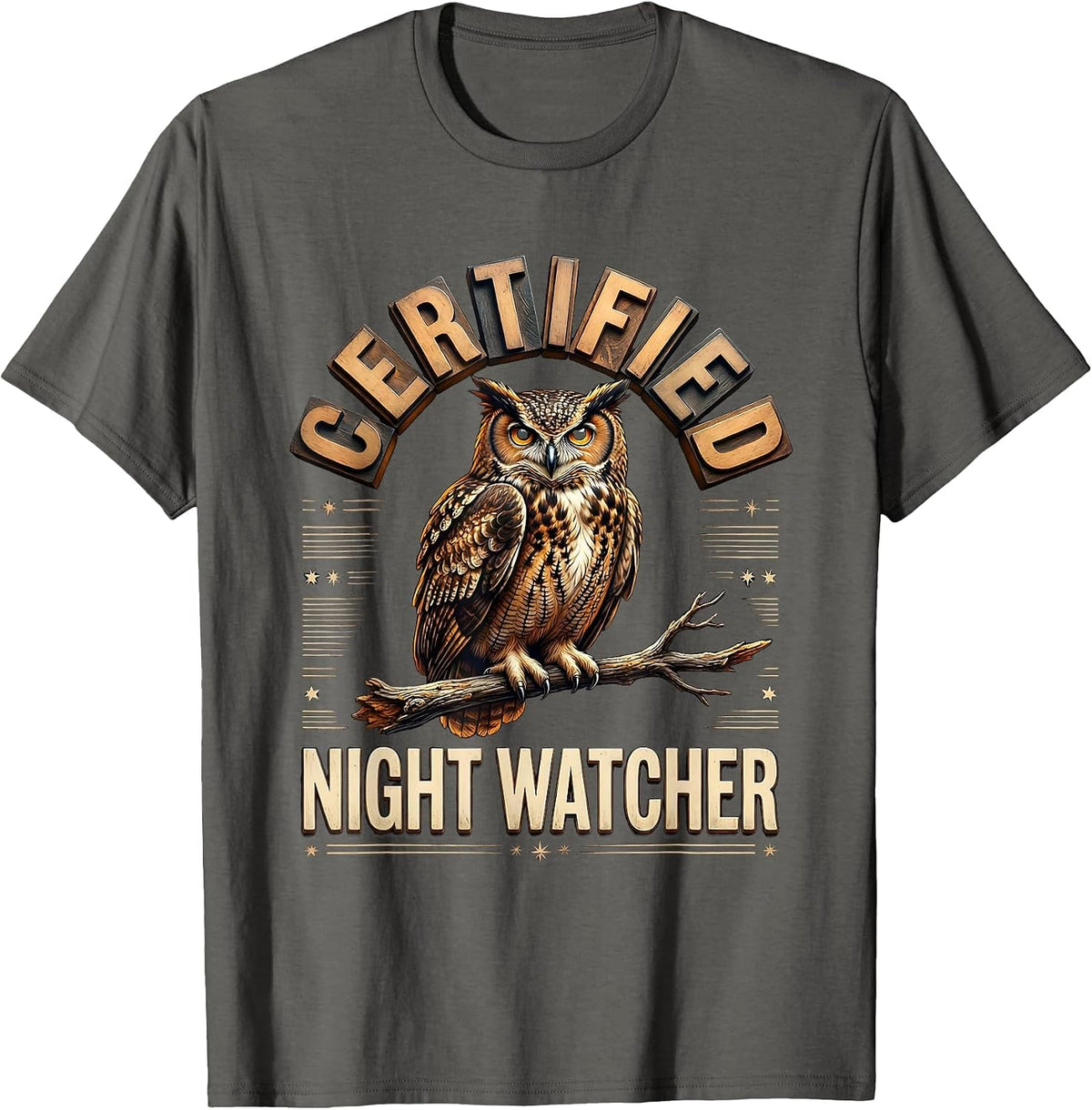 Certified Night Watcher Funny Owl Lover Birdwatcher Retro T-Shirt - Asphalt Grey