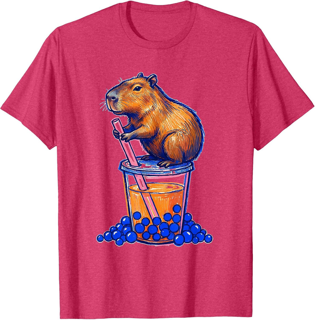 Capybara Boba Cup Kawaii Anime Animal Girls Cute T-Shirt - Red Heather
