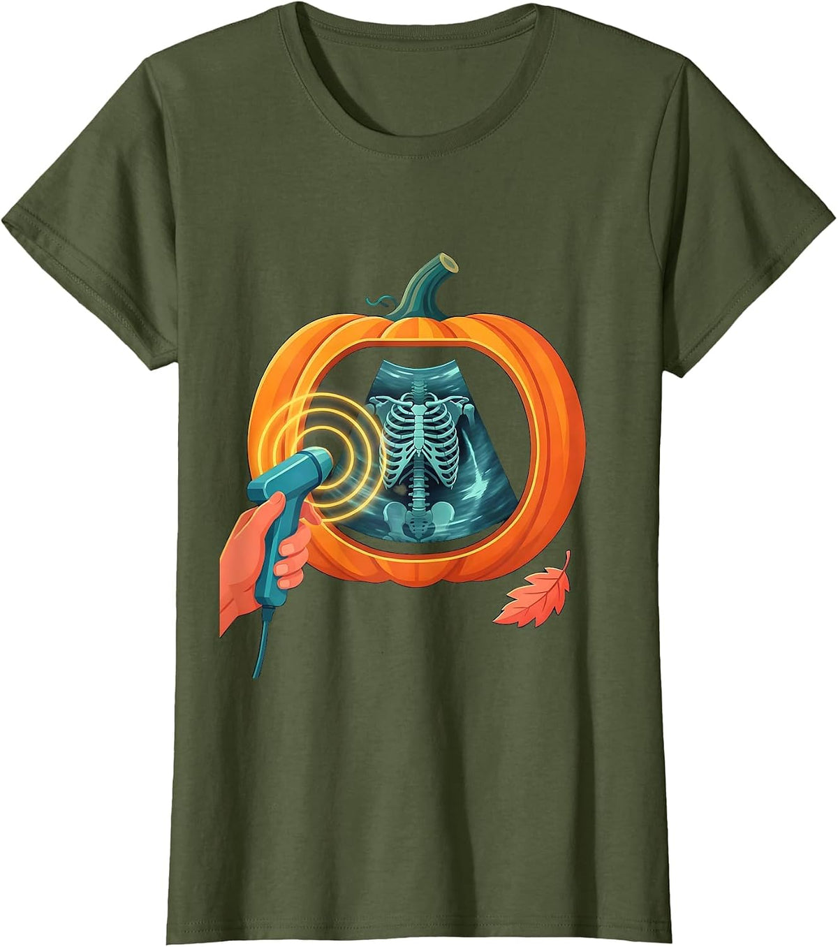Women's Ultrasound Tech Halloween Radiology Tech Pumpkin Scan T-Shirt - Olive Green