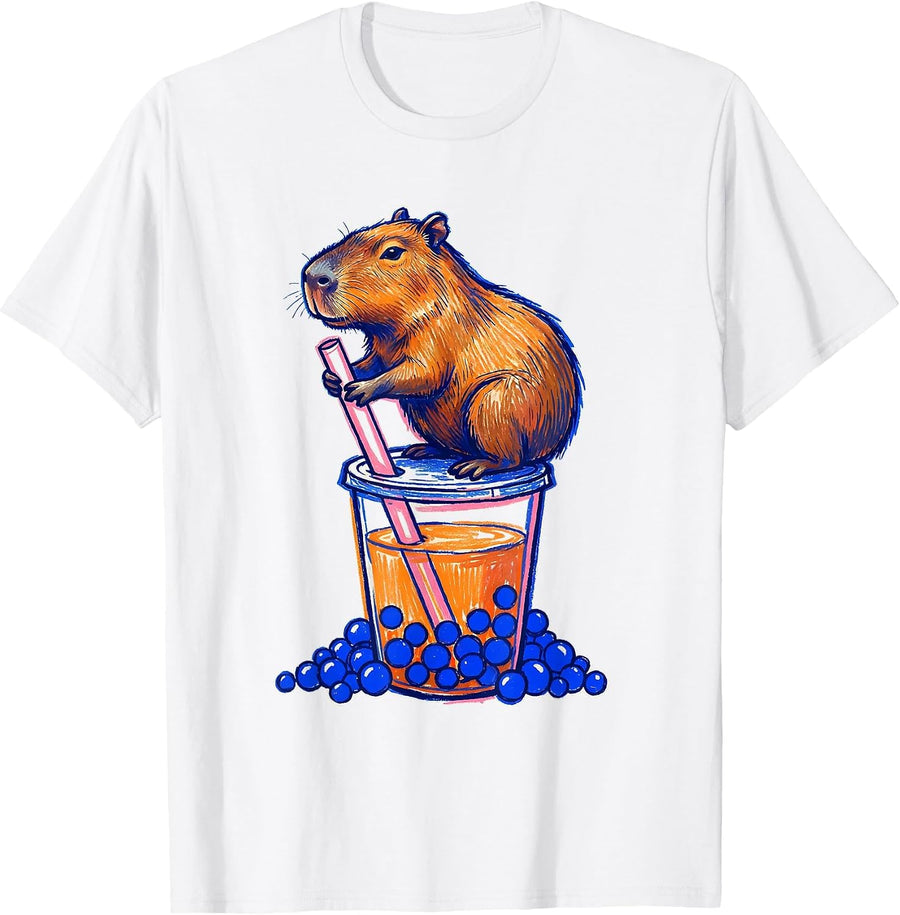 Capybara Boba Cup Kawaii Anime Animal Girls Cute T-Shirt - White