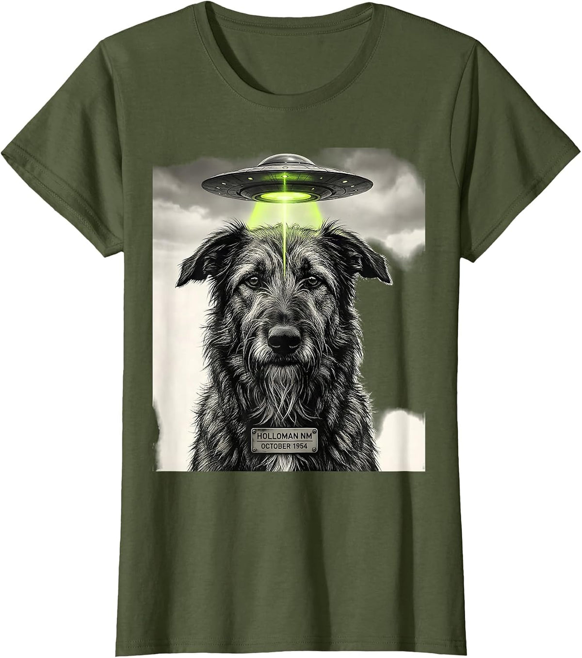 Women's Holloman NM October 1954 Funny Irish Wolfhound Dog UFO T-Shirt - Olive Green