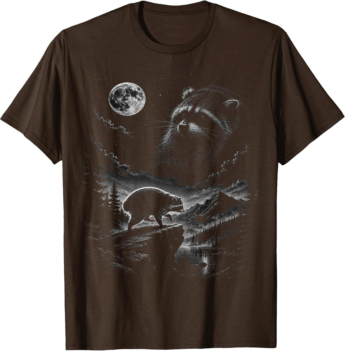Raccoon Jimothy Howling to the Moon Tee Trash Panda Wildlife T-Shirt - Brown