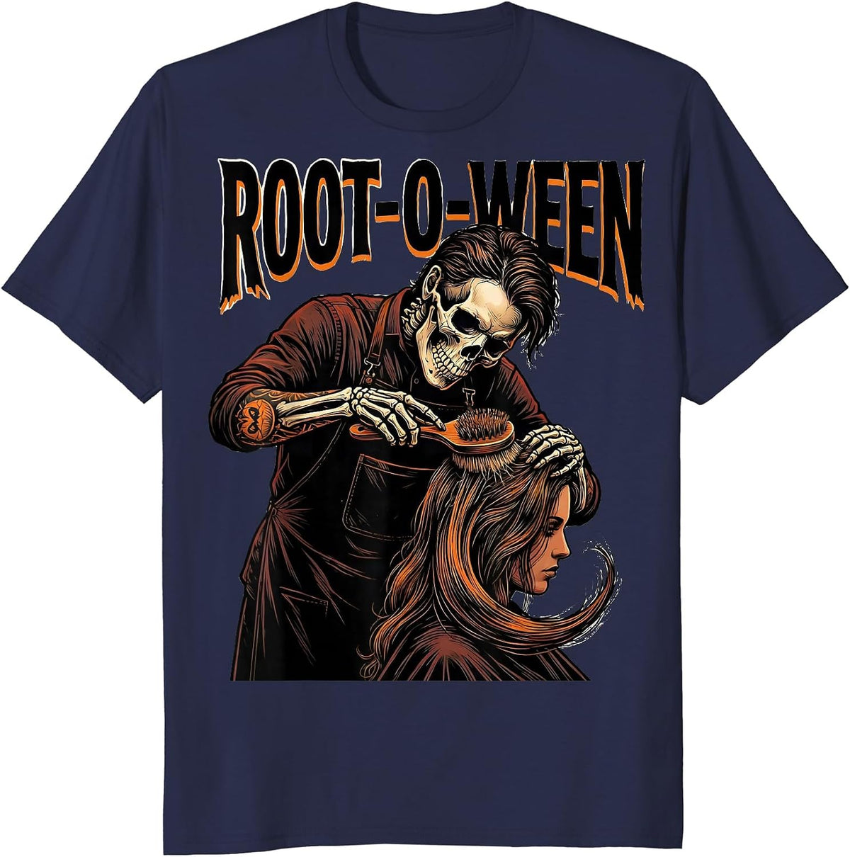 Men's Root-o-Ween Tattoo Skeleton Hairstylist Barber Halloween T-Shirt - Navy Blue