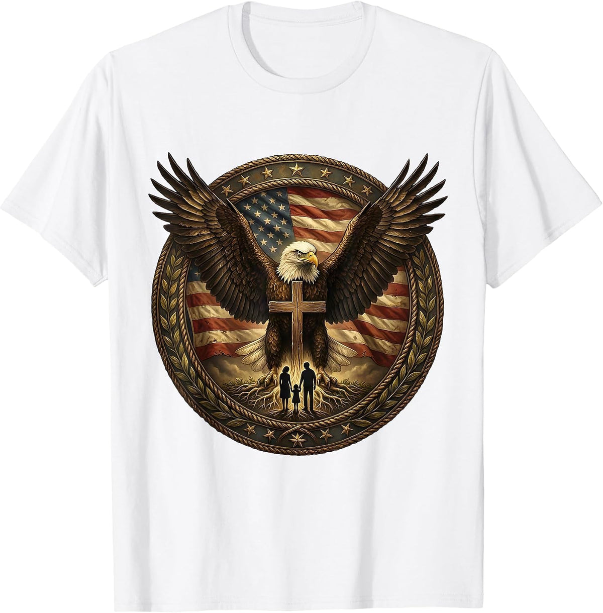 Men's Eagle Sheltering Family God Family Country Design T-Shirt - White