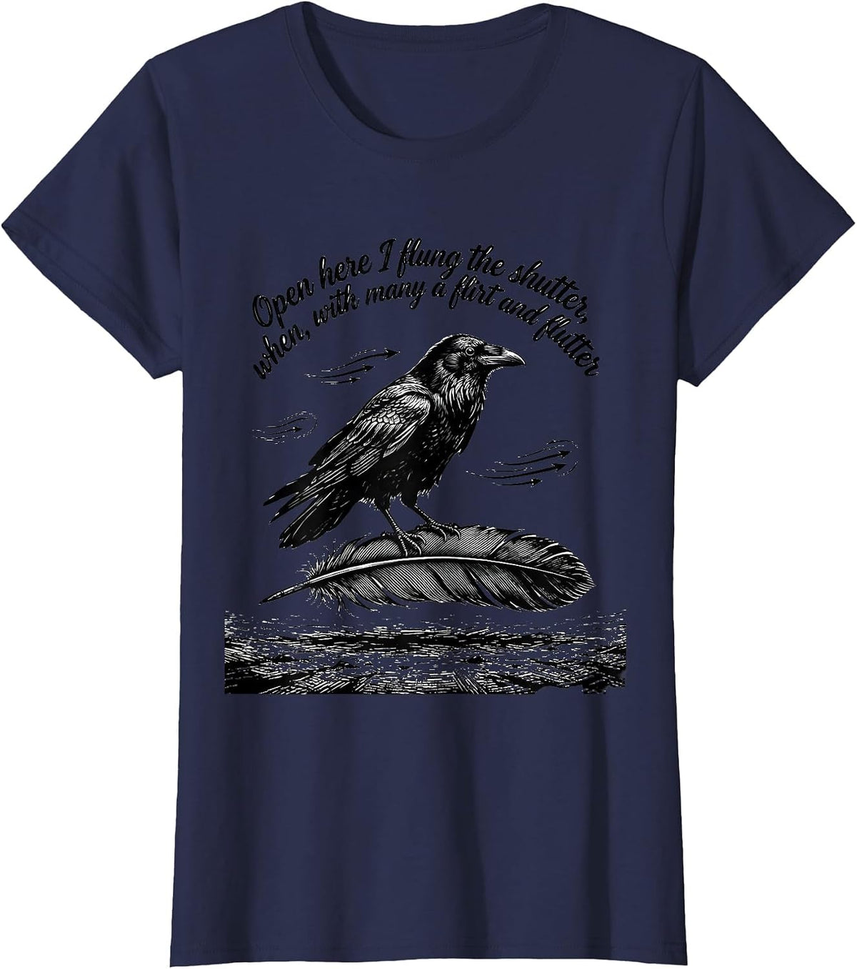 Women's Open Here I Flung the Shutter Gothic Raven Edgar Allan Poe T-Shirt - Navy Blue